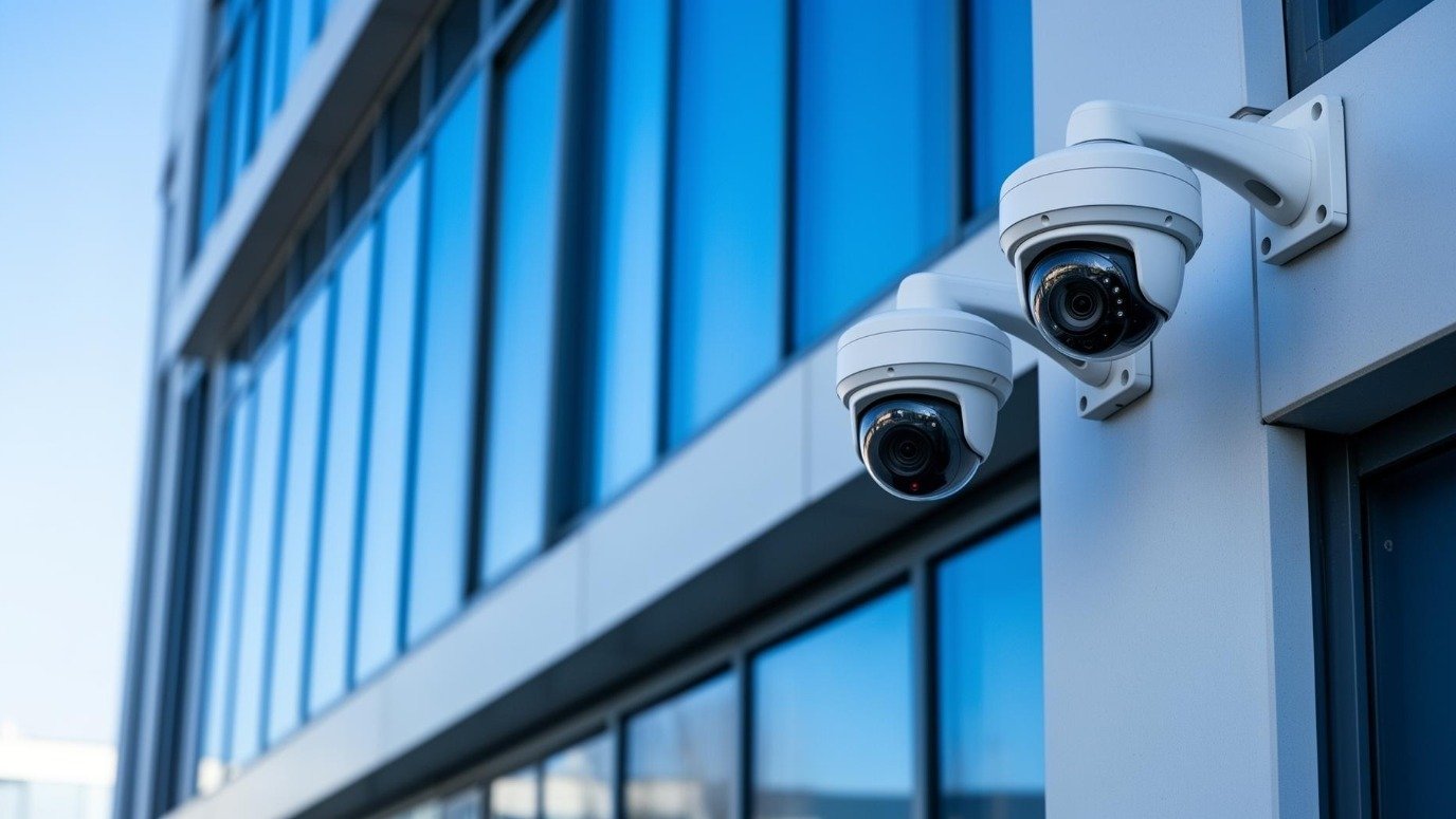 Two dome CCTV cameras mounted on a modern blue glass building