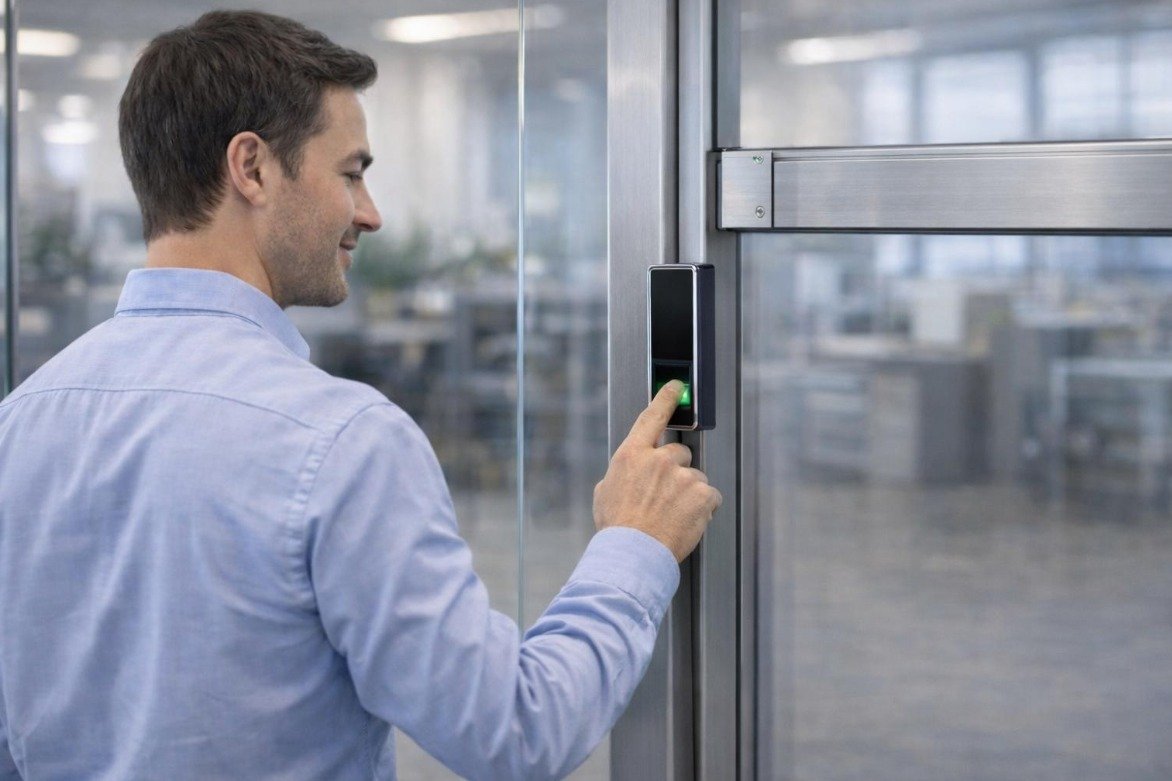 Office user presenting a fingerprint to a reader beside a glass access door