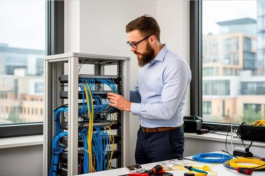 Technician organising network cables in an office equipment cabinet