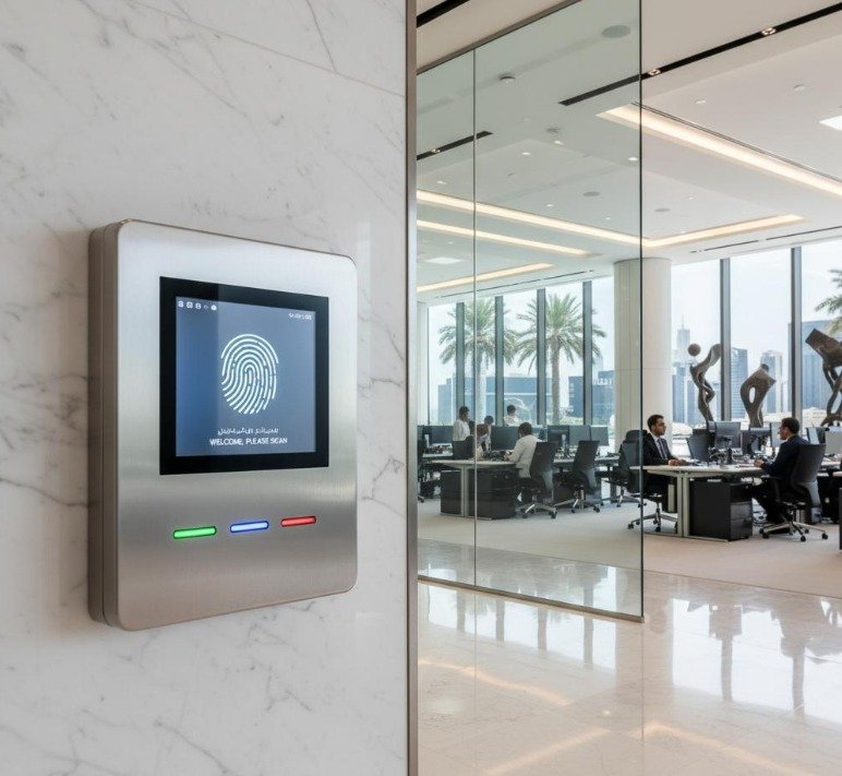 Wall-mounted fingerprint reader beside a glass office entrance