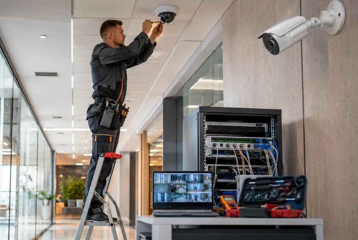 Technician on a ladder fitting a ceiling camera beside a network rack and testing tools