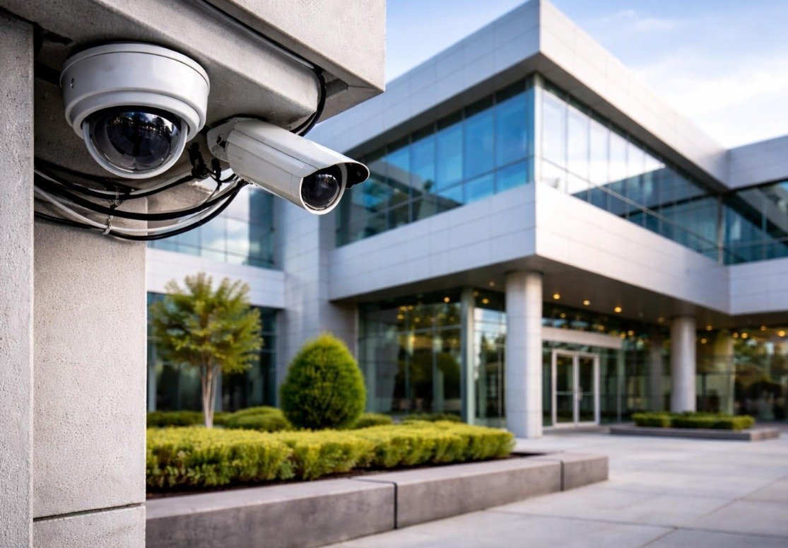 Dome and bullet cameras covering a landscaped office entrance