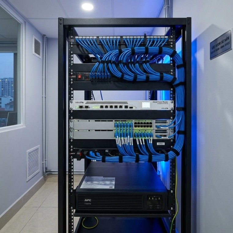 Network rack with labelled blue patch leads, switches, router and backup power