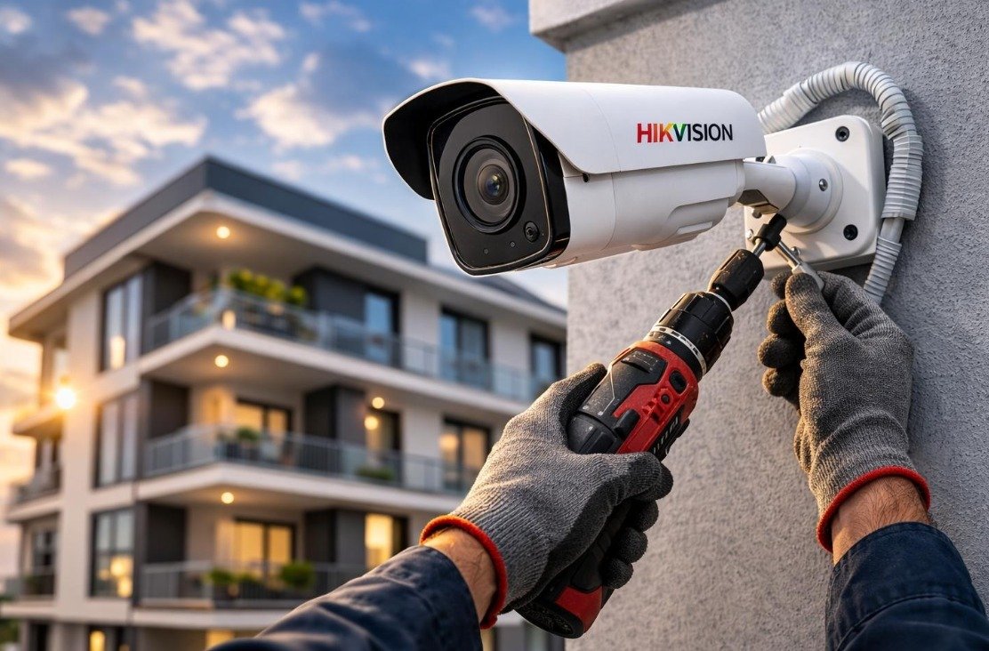 Gloved technician securing a bullet security camera outside a residential property