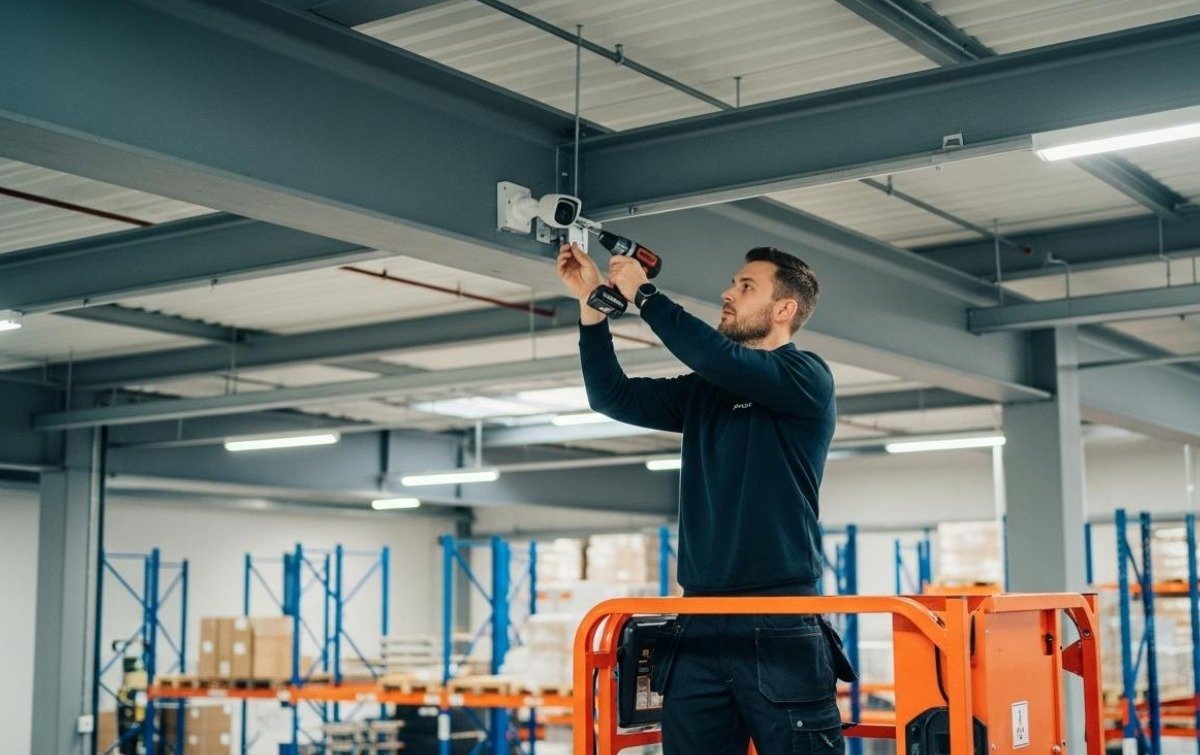 Technician installing a CCTV camera on a warehouse beam